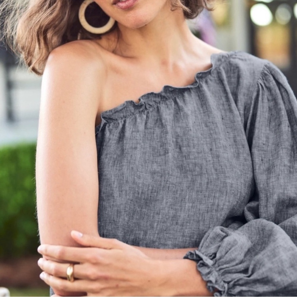 Lake Pajamas Milly Midi Dress Maxi One Shoulder Navy Linen Blue Resortwear - Picture 3 of 15